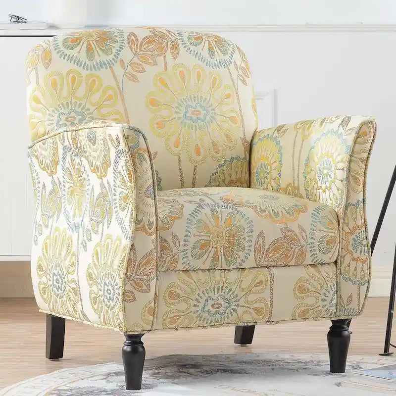 Mit Blumen-Jacquard-Stoff bezogener Sessel mit gedrechselten Beinen aus Massivholz, cremegelb