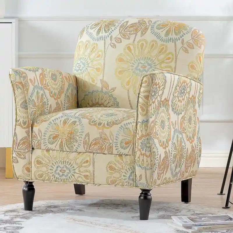 Mit Blumen-Jacquard-Stoff bezogener Sessel mit gedrechselten Beinen aus Massivholz, cremegelb