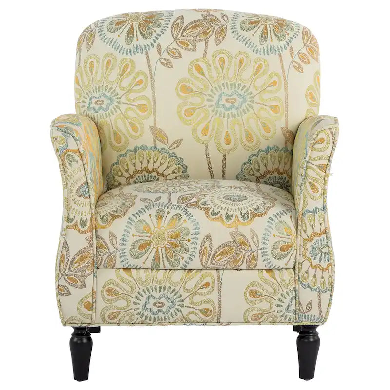 Mit Blumen-Jacquard-Stoff bezogener Sessel mit gedrechselten Beinen aus Massivholz, cremegelb
