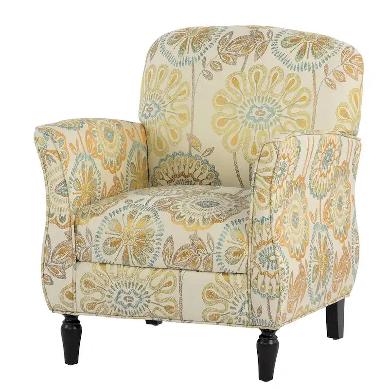 Floral Jacquard Fabric Upholstered Armchair with Turned Solid Wood Legs, Cream Yellow