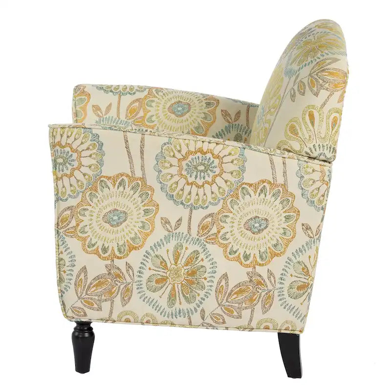 Mit Blumen-Jacquard-Stoff bezogener Sessel mit gedrechselten Beinen aus Massivholz, cremegelb