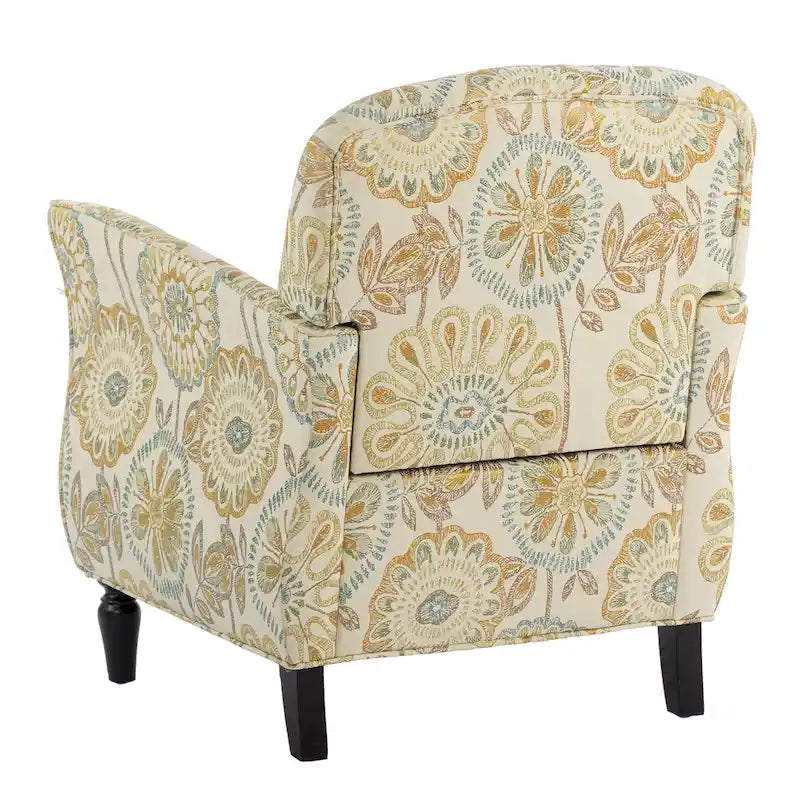 Mit Blumen-Jacquard-Stoff bezogener Sessel mit gedrechselten Beinen aus Massivholz, cremegelb