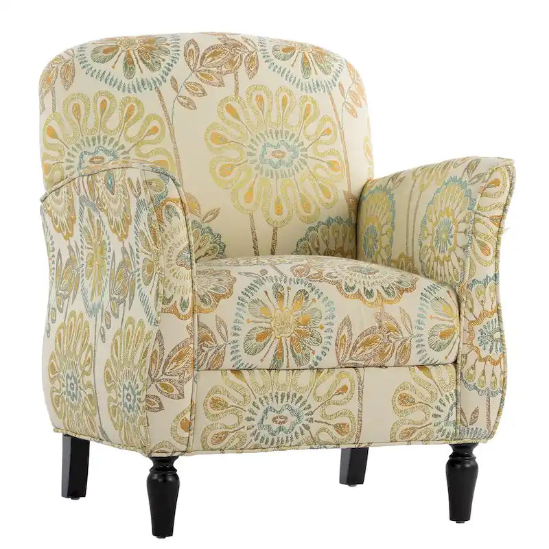 Mit Blumen-Jacquard-Stoff bezogener Sessel mit gedrechselten Beinen aus Massivholz, cremegelb