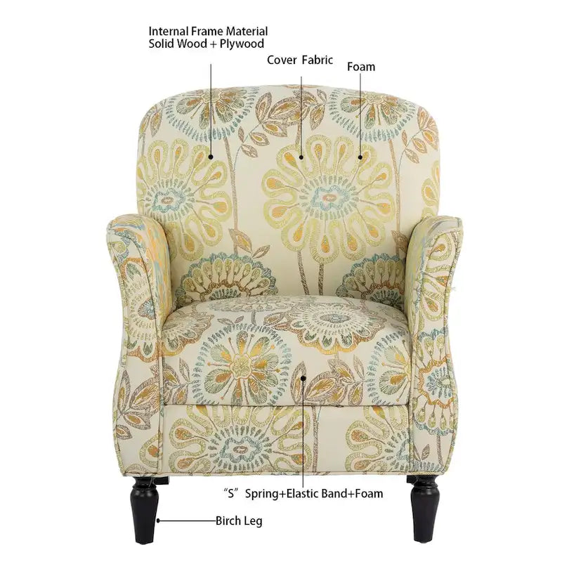 Mit Blumen-Jacquard-Stoff bezogener Sessel mit gedrechselten Beinen aus Massivholz, cremegelb