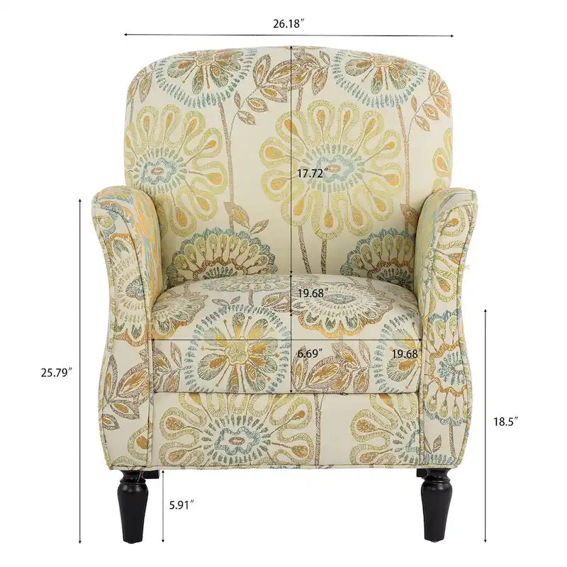 Mit Blumen-Jacquard-Stoff bezogener Sessel mit gedrechselten Beinen aus Massivholz, cremegelb