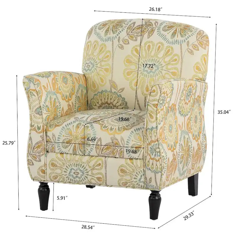 Mit Blumen-Jacquard-Stoff bezogener Sessel mit gedrechselten Beinen aus Massivholz, cremegelb