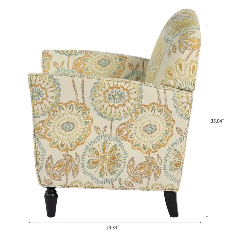 Mit Blumen-Jacquard-Stoff bezogener Sessel mit gedrechselten Beinen aus Massivholz, cremegelb