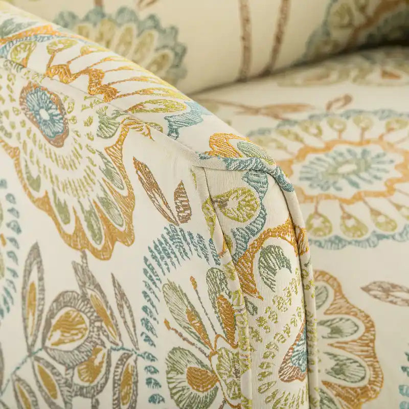 Mit Blumen-Jacquard-Stoff bezogener Sessel mit gedrechselten Beinen aus Massivholz, cremegelb