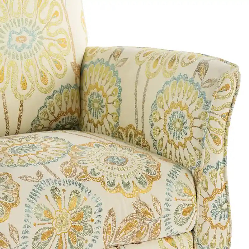 Mit Blumen-Jacquard-Stoff bezogener Sessel mit gedrechselten Beinen aus Massivholz, cremegelb