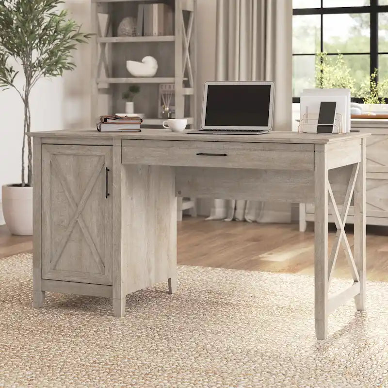 54W Farmhouse Computer Desk with Storage Cabinet and Keyboard Tray Washed Gray