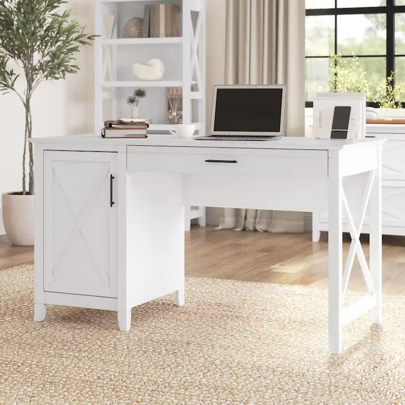 54W Farmhouse Computer Desk with Storage Cabinet and Keyboard Tray Washed Gray