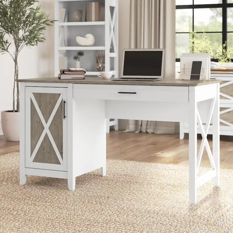 54W Farmhouse Computer Desk with Storage Cabinet and Keyboard Tray Washed Gray