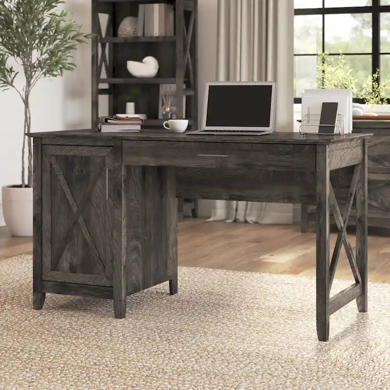 54W Farmhouse Computer Desk with Storage Cabinet and Keyboard Tray Washed Gray