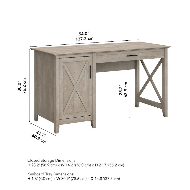 54W Farmhouse Computer Desk with Storage Cabinet and Keyboard Tray Washed Gray