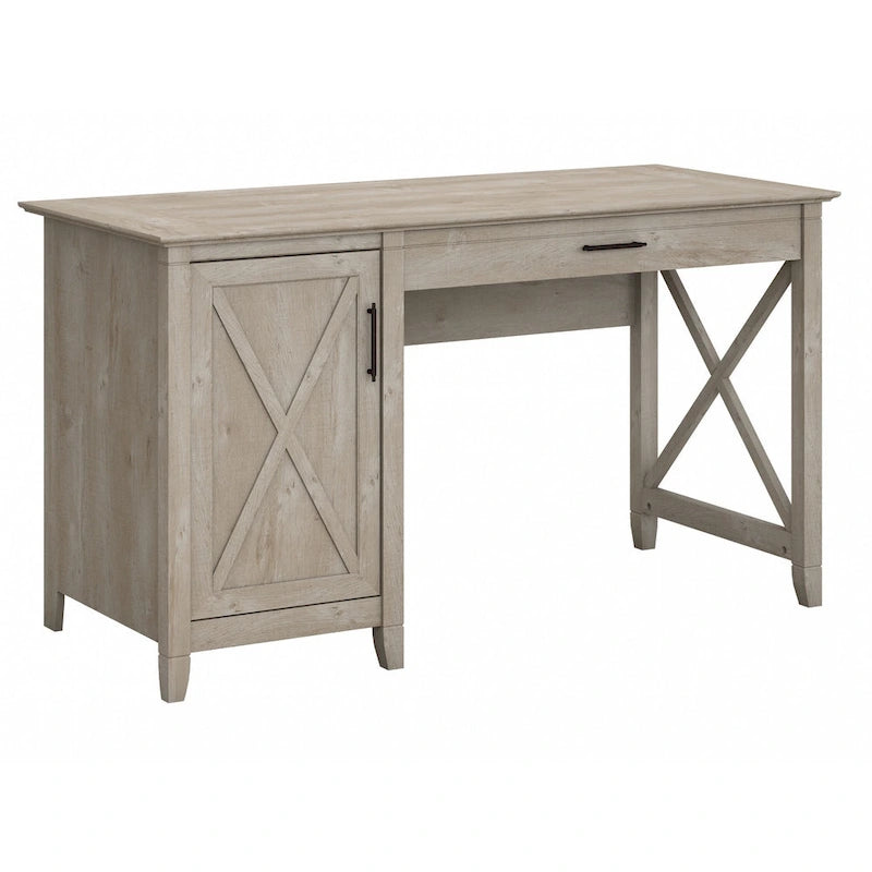 54W Farmhouse Computer Desk with Storage Cabinet and Keyboard Tray Washed Gray
