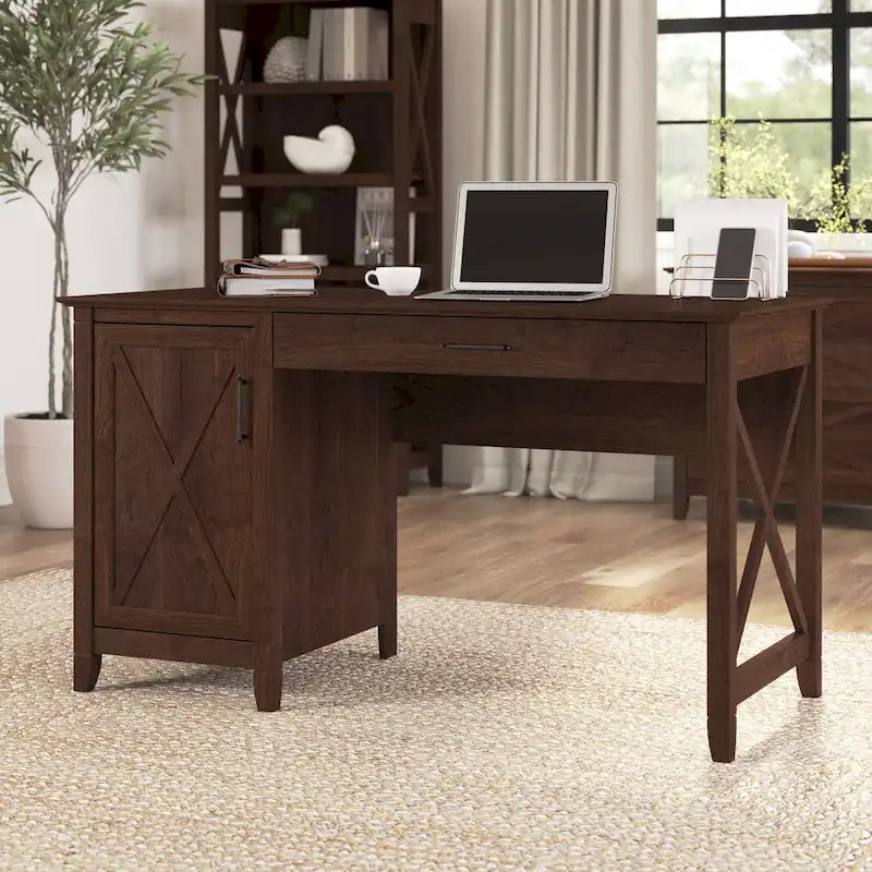 54W Farmhouse Computer Desk with Storage Cabinet and Keyboard Tray Washed Gray