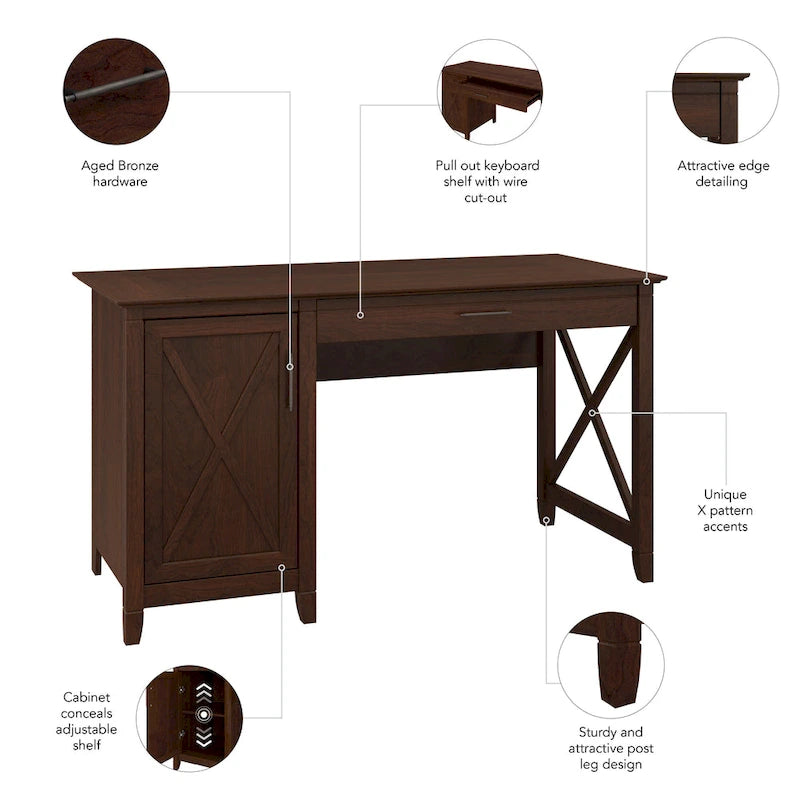 54W Farmhouse Computer Desk with Storage Cabinet and Keyboard Tray Washed Gray