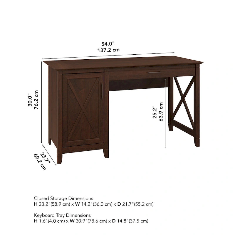54W Farmhouse Computer Desk with Storage Cabinet and Keyboard Tray Washed Gray