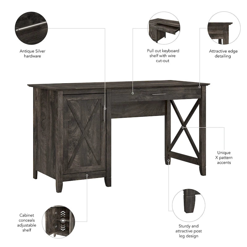 54W Farmhouse Computer Desk with Storage Cabinet and Keyboard Tray Washed Gray