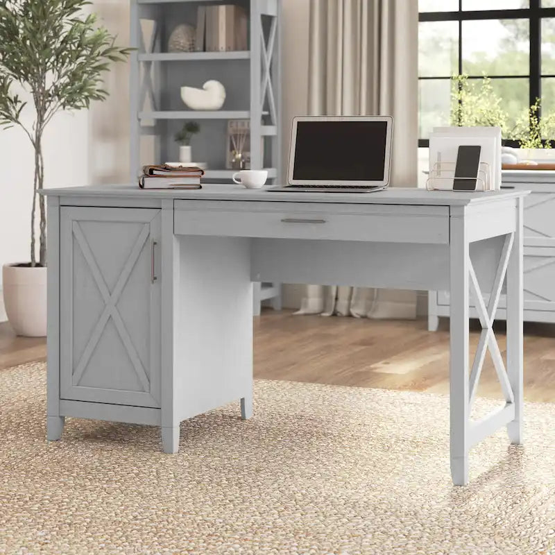 54W Farmhouse Computer Desk with Storage Cabinet and Keyboard Tray Washed Gray