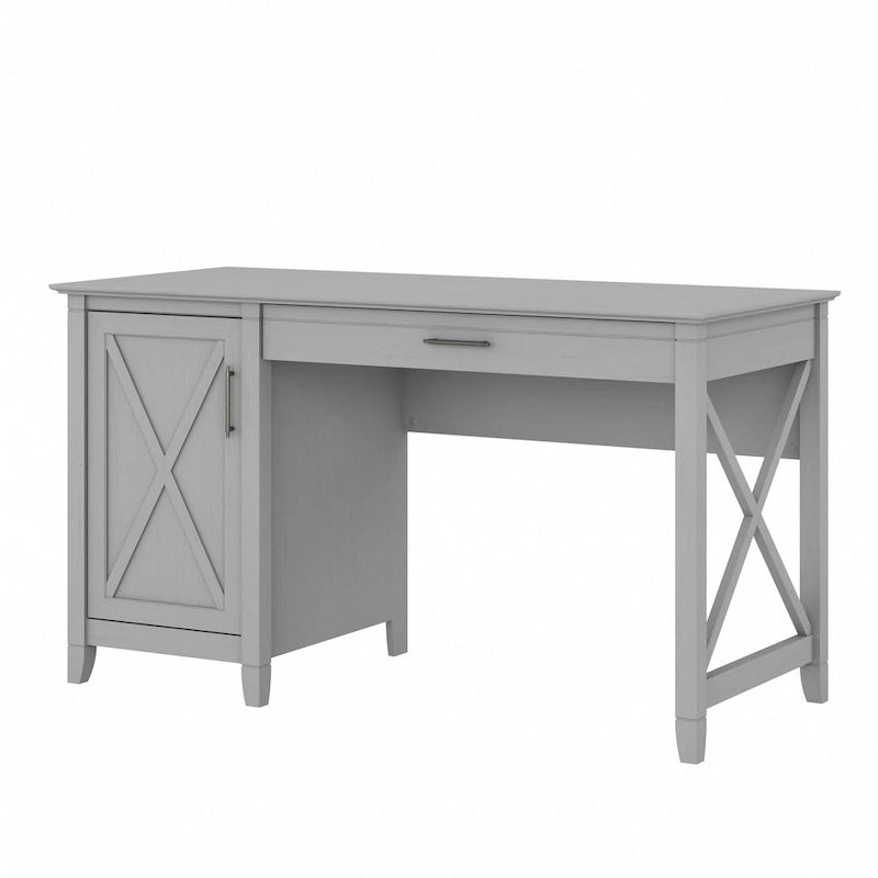 54W Farmhouse Computer Desk with Storage Cabinet and Keyboard Tray Washed Gray