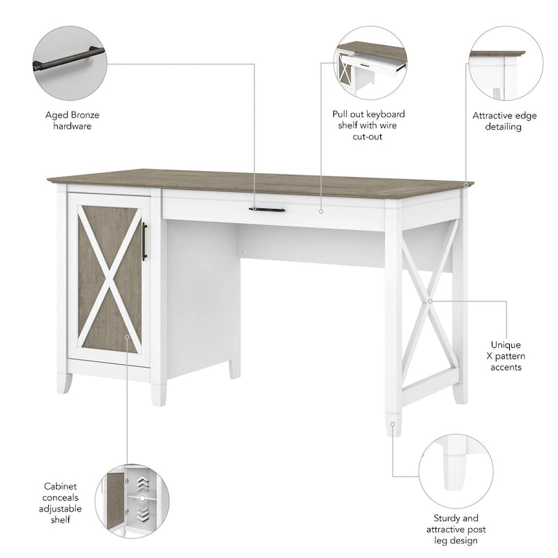 54W Farmhouse Computer Desk with Storage Cabinet and Keyboard Tray Washed Gray