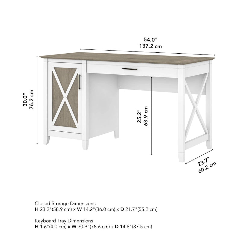 54W Farmhouse Computer Desk with Storage Cabinet and Keyboard Tray Washed Gray