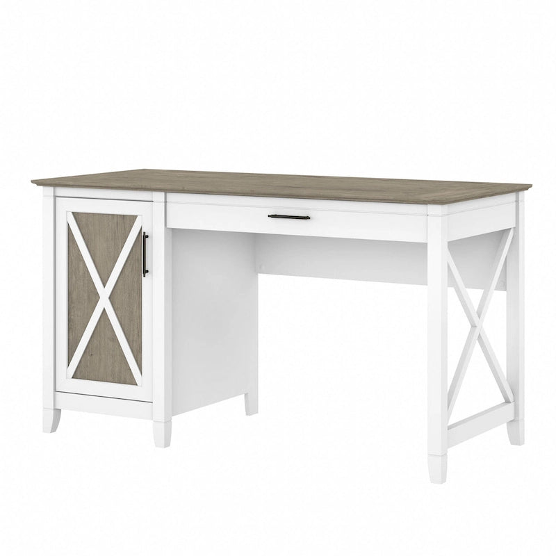 54W Farmhouse Computer Desk with Storage Cabinet and Keyboard Tray Washed Gray