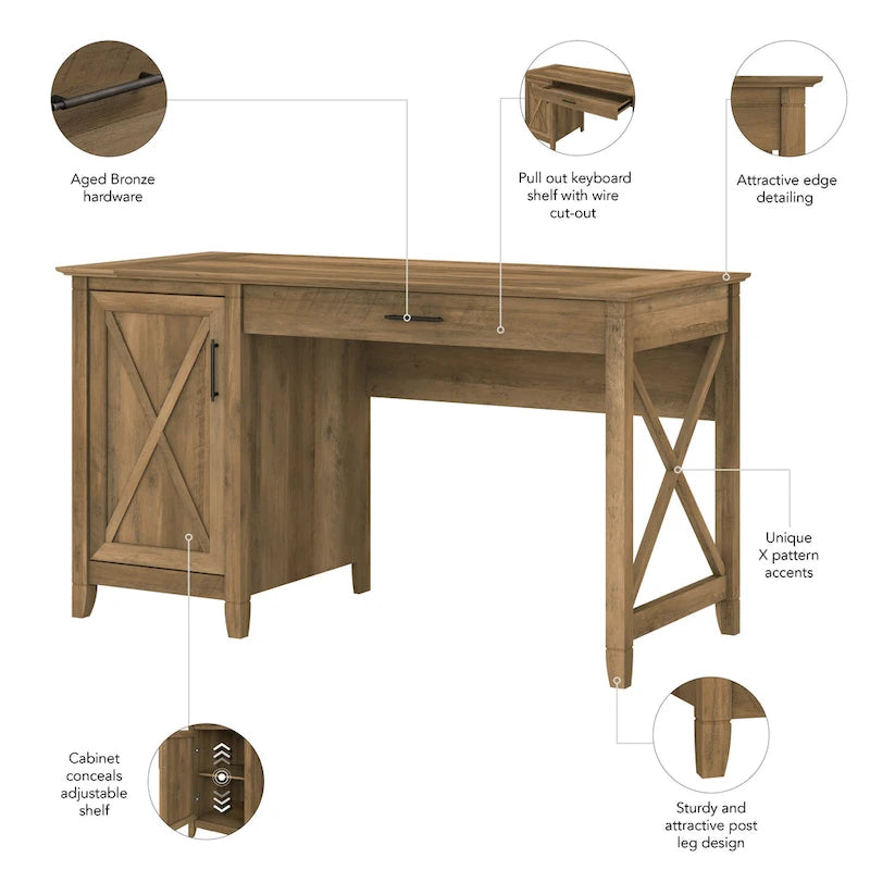 54W Farmhouse Computer Desk with Storage Cabinet and Keyboard Tray Washed Gray
