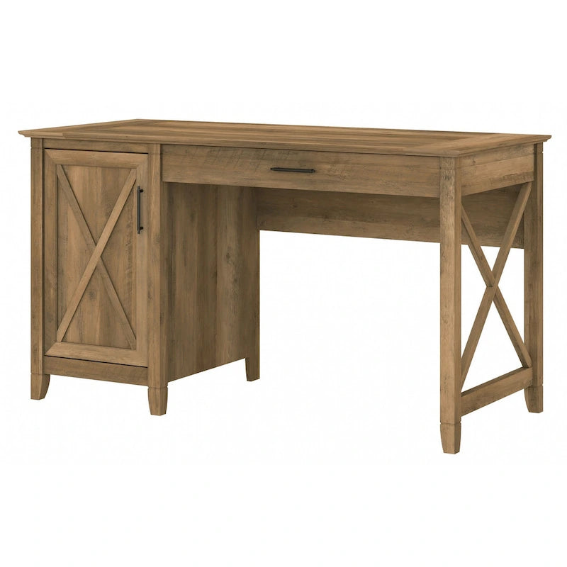 54W Farmhouse Computer Desk with Storage Cabinet and Keyboard Tray Washed Gray