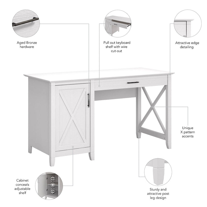54W Farmhouse Computer Desk with Storage Cabinet and Keyboard Tray Washed Gray