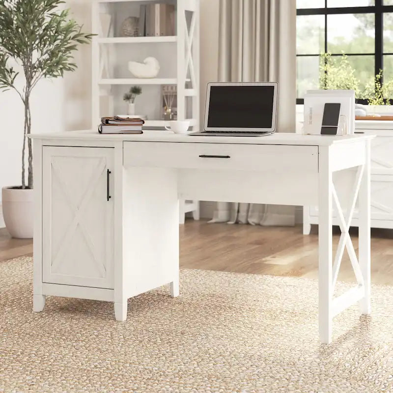 54W Farmhouse Computer Desk with Storage Cabinet and Keyboard Tray Washed Gray