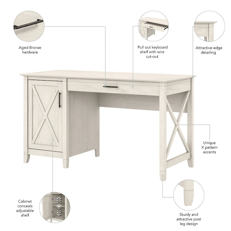 54W Farmhouse Computer Desk with Storage Cabinet and Keyboard Tray Washed Gray