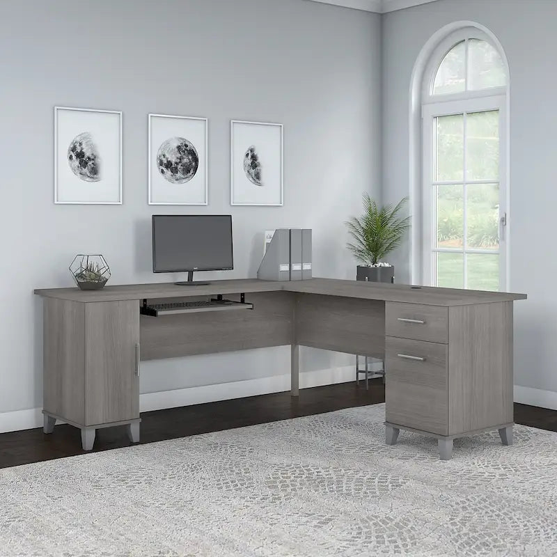 L Shaped Desk with Storage Cabinet Drawers and Keyboard Tray