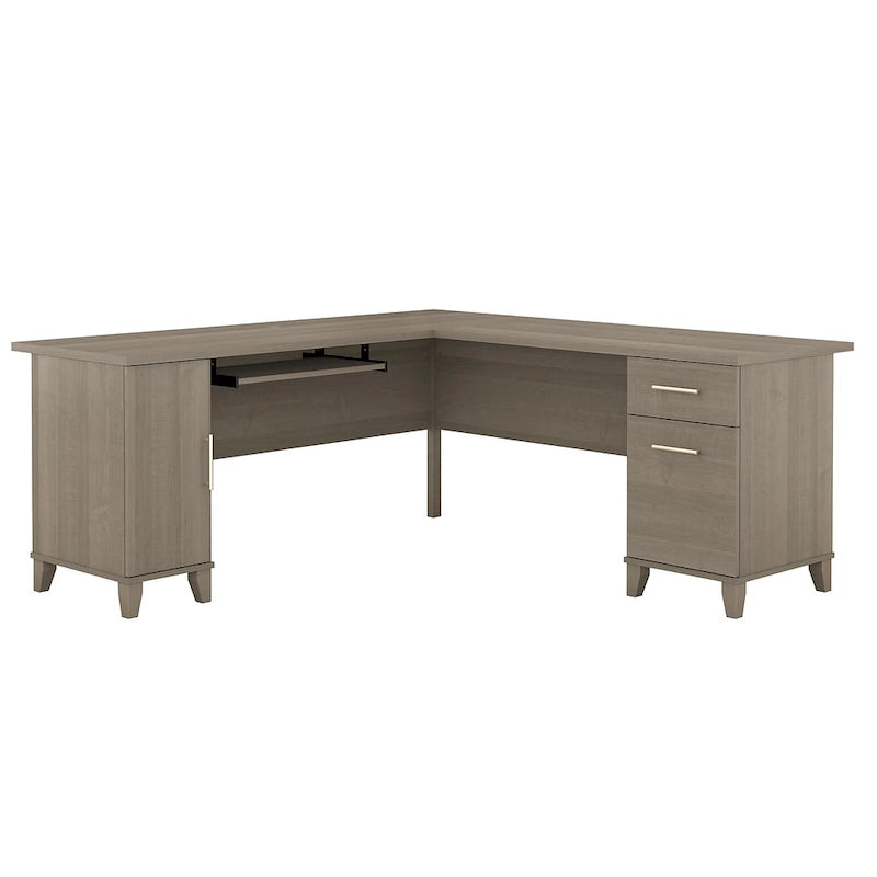 Bureau en L avec placard de rangement, tiroirs et tablette pour clavier