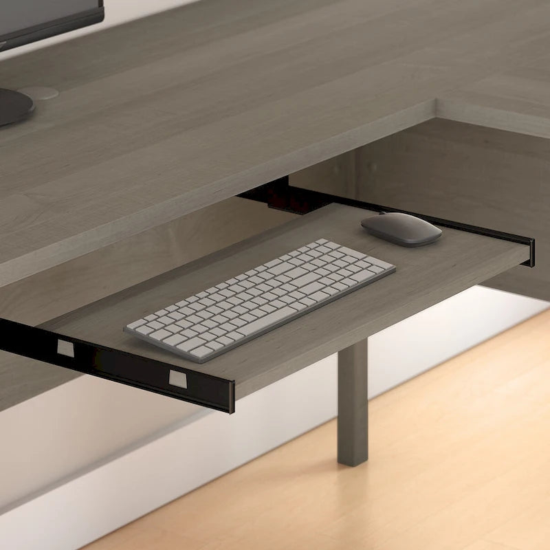 Bureau en L avec placard de rangement, tiroirs et tablette pour clavier
