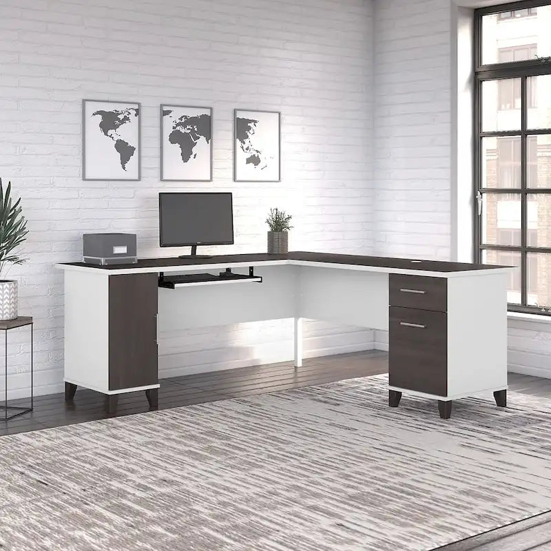 Bureau en L avec placard de rangement, tiroirs et tablette pour clavier