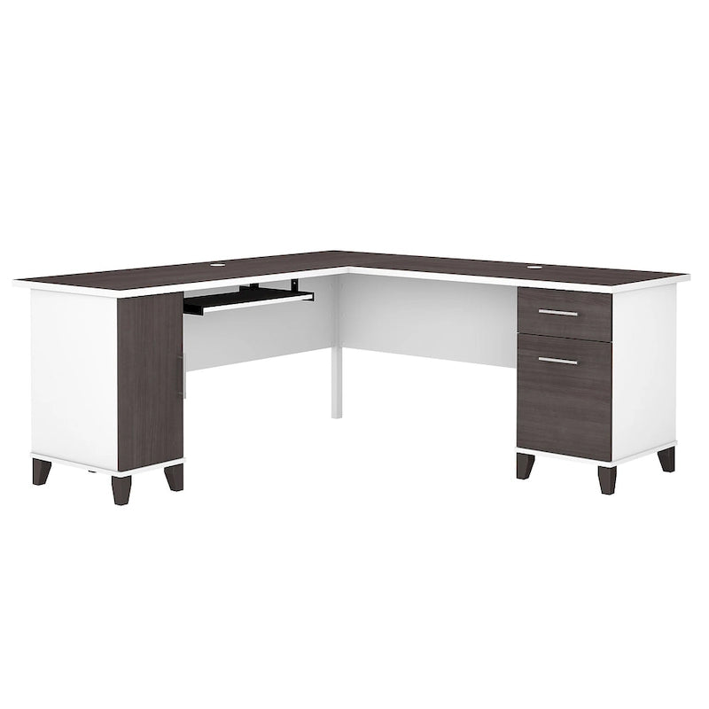 Bureau en L avec placard de rangement, tiroirs et tablette pour clavier