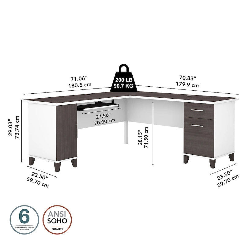 Bureau en L avec placard de rangement, tiroirs et tablette pour clavier