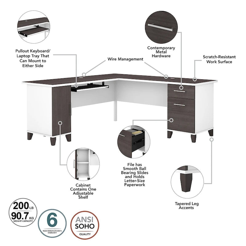 Bureau en L avec placard de rangement, tiroirs et tablette pour clavier