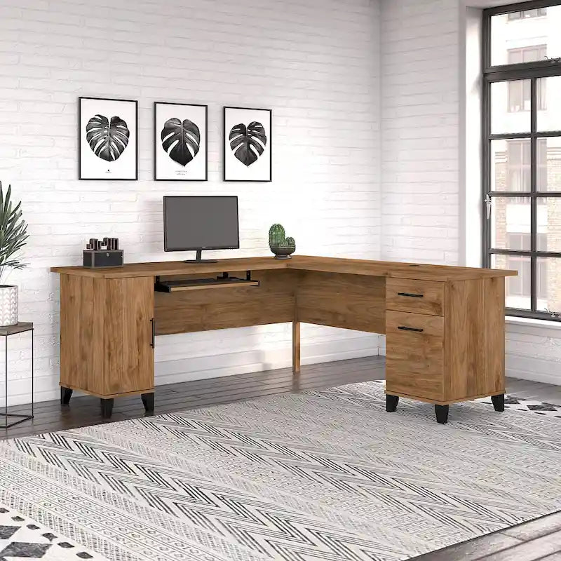 Bureau en L avec placard de rangement, tiroirs et tablette pour clavier