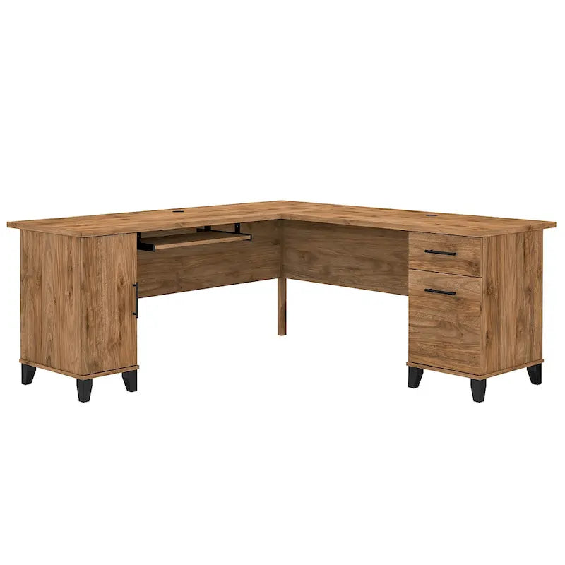 Bureau en L avec placard de rangement, tiroirs et tablette pour clavier