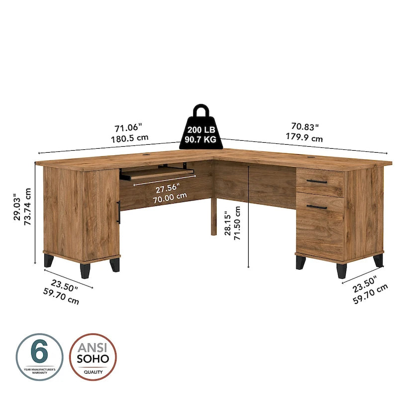 Bureau en L avec placard de rangement, tiroirs et tablette pour clavier