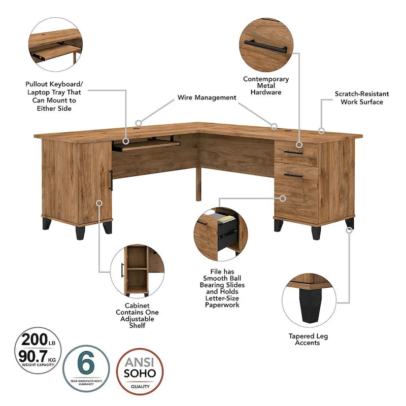 Bureau en L avec placard de rangement, tiroirs et tablette pour clavier