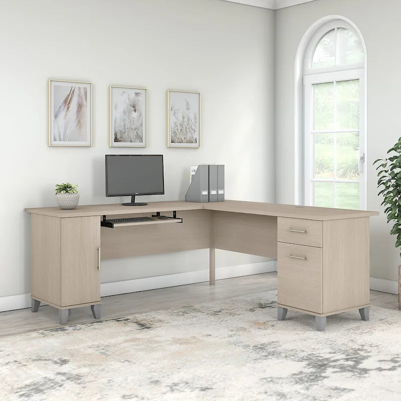 Bureau en L avec placard de rangement, tiroirs et tablette pour clavier