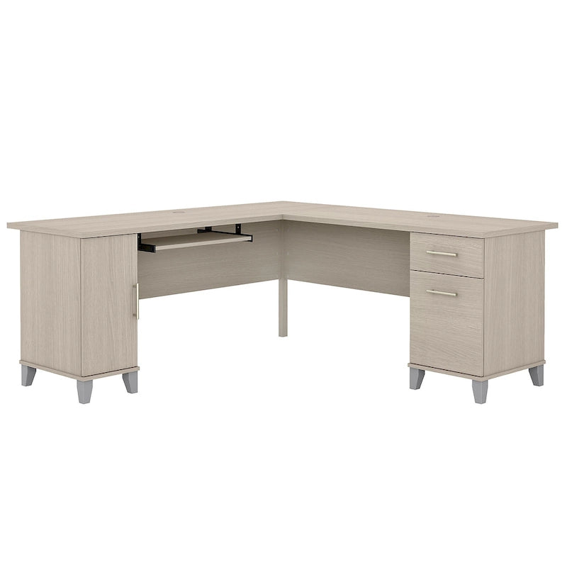 Bureau en L avec placard de rangement, tiroirs et tablette pour clavier