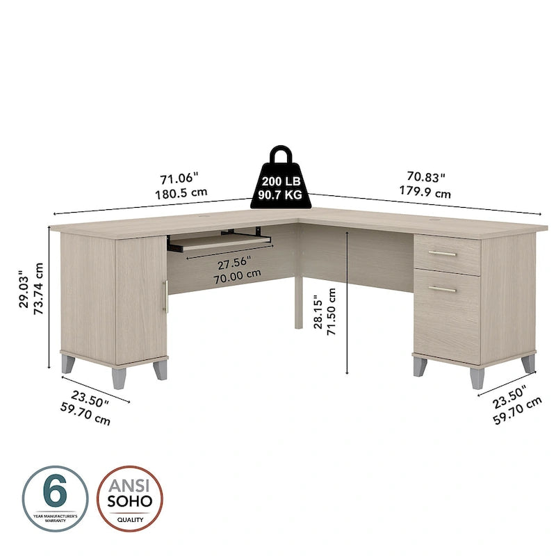 Bureau en L avec placard de rangement, tiroirs et tablette pour clavier