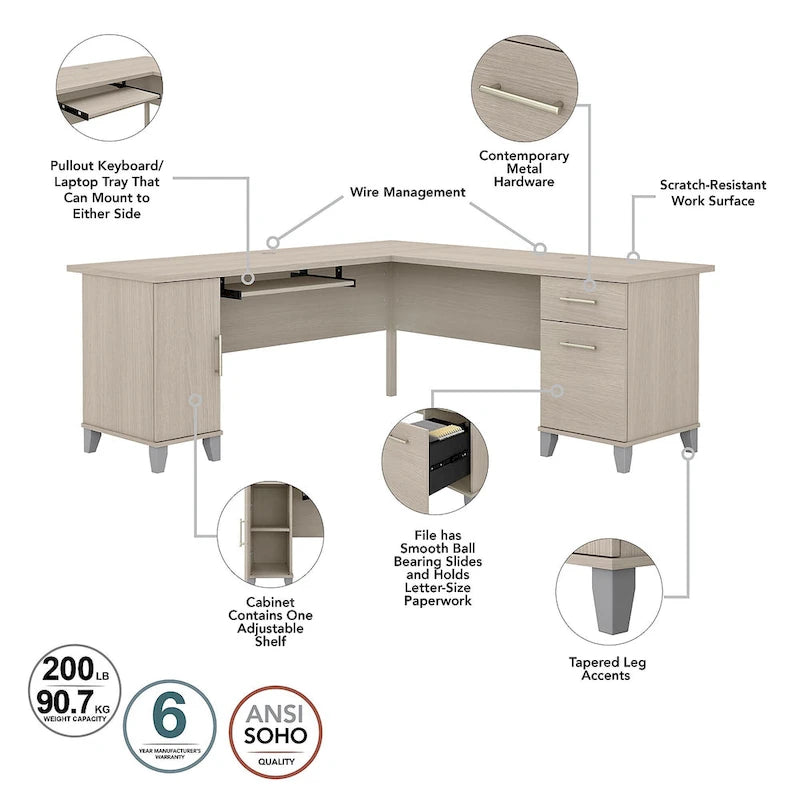 Bureau en L avec placard de rangement, tiroirs et tablette pour clavier