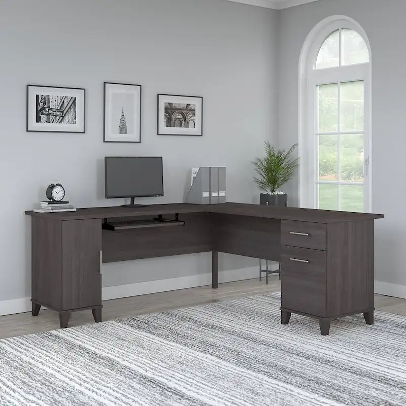 Bureau en L avec placard de rangement, tiroirs et tablette pour clavier