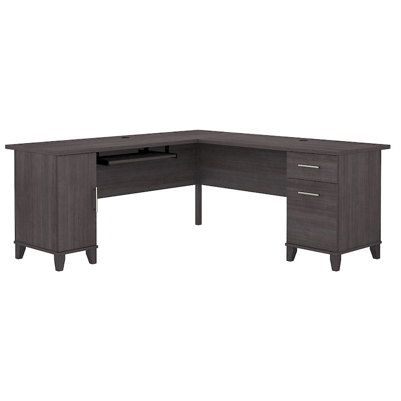 Bureau en L avec placard de rangement, tiroirs et tablette pour clavier
